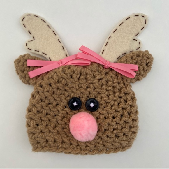 Handmade knit infant reindeer hat 0-6 month - Picture 1 of 5
